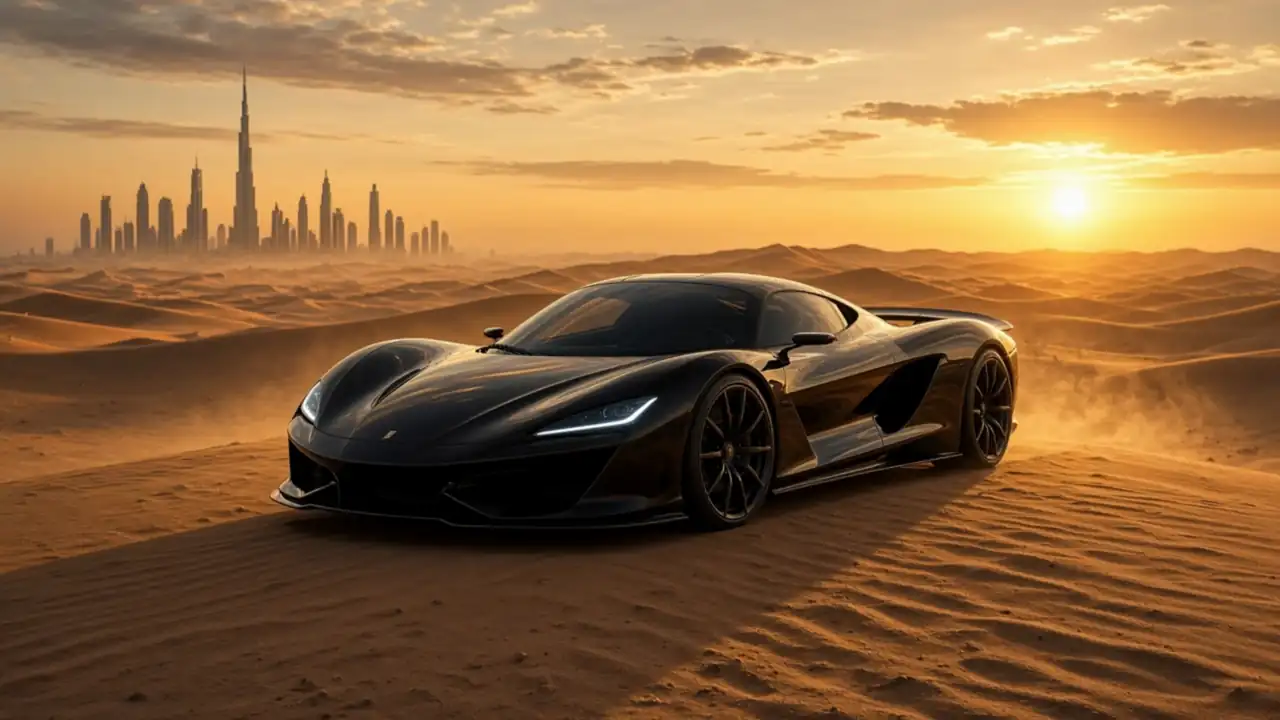 Concept film: a black hypercar driving across desert dunes at sunset, the Dubai skyline behind it