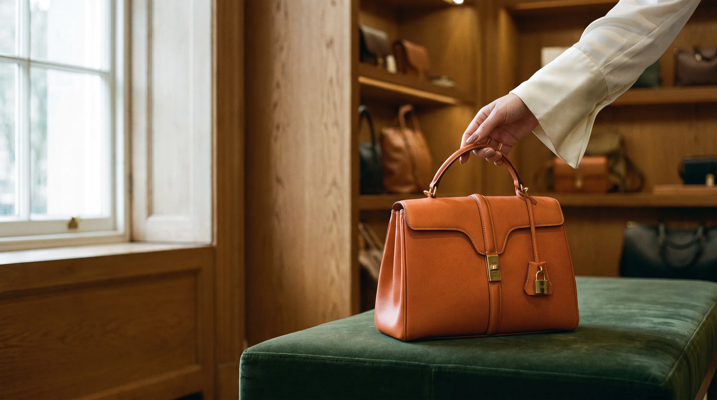 A hand lifting an orange leather handbag from a green velvet bench in an oak-panelled boutique