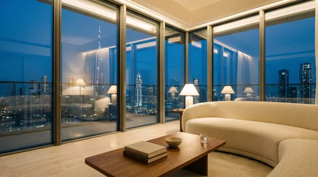 A penthouse living room above the Dubai skyline at blue hour