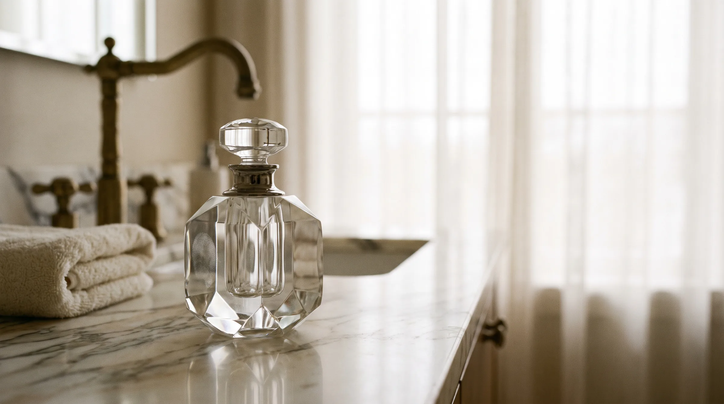 A faceted crystal perfume bottle on a white marble vanity, with a brass tap, folded towels and sheer curtains behind it