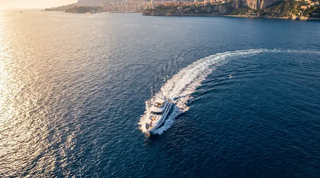 Aerial view of a superyacht leaving a white wake across deep blue water off Monaco