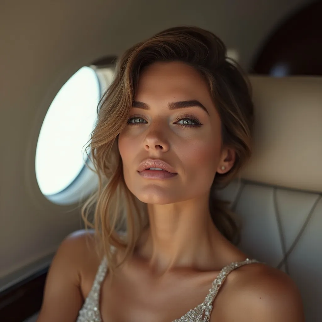 Portrait of a woman with long wavy hair seated by the window of a private jet cabin