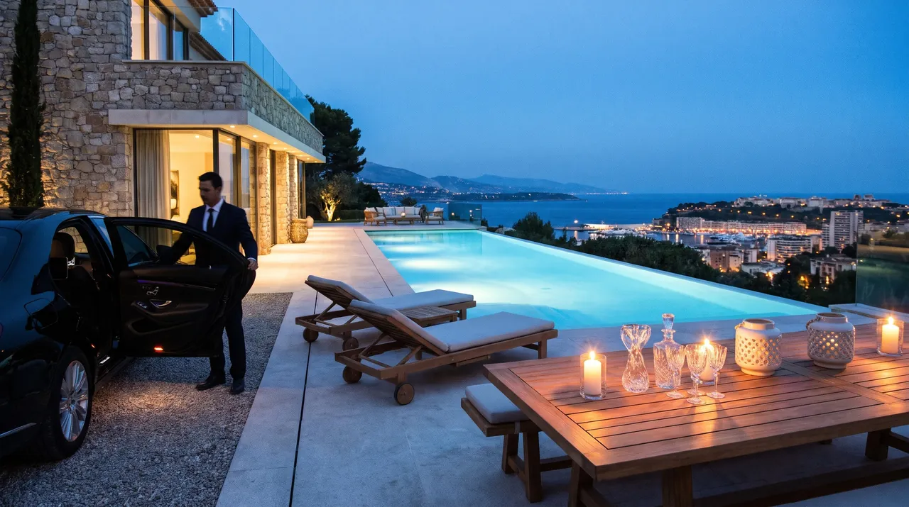 A Riviera villa terrace and infinity pool at blue hour, with a chauffeur opening a car door
