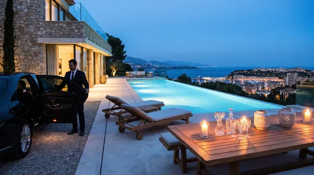 A Riviera villa terrace and infinity pool at blue hour, with a chauffeur opening a car door