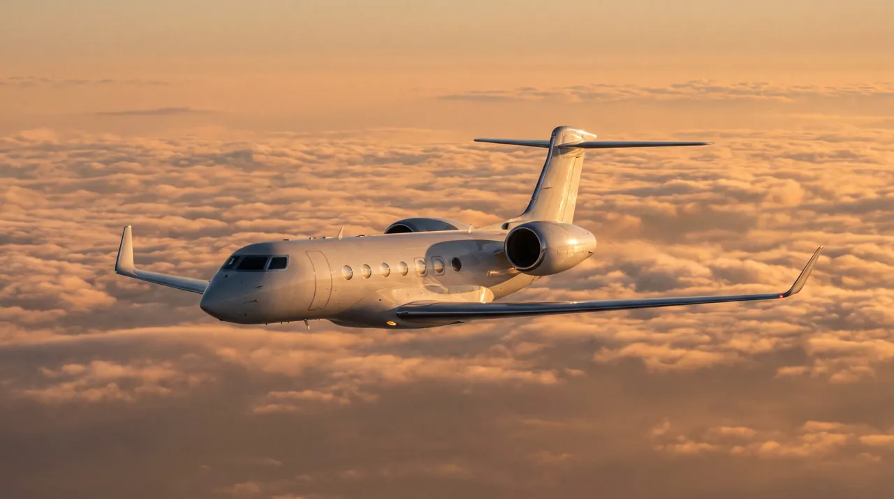 A white private jet in flight above golden clouds at sunset